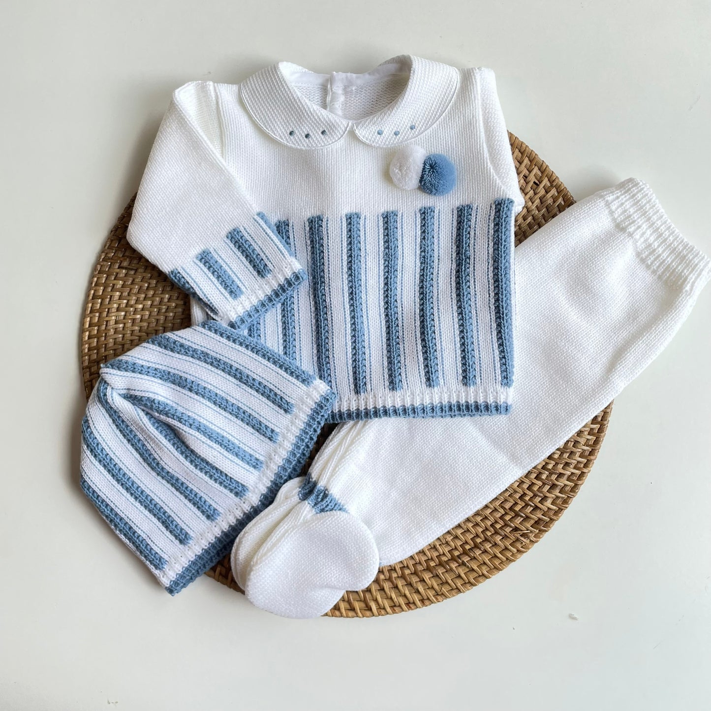 White & Blue Stripes Knitted Set