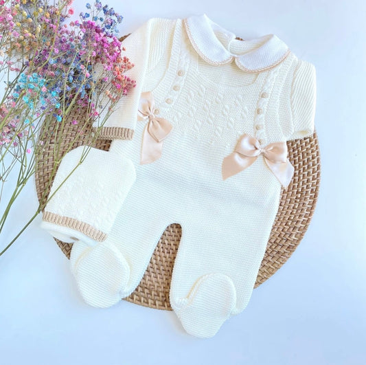 Beige Knitted Romper Camel Satin Bows