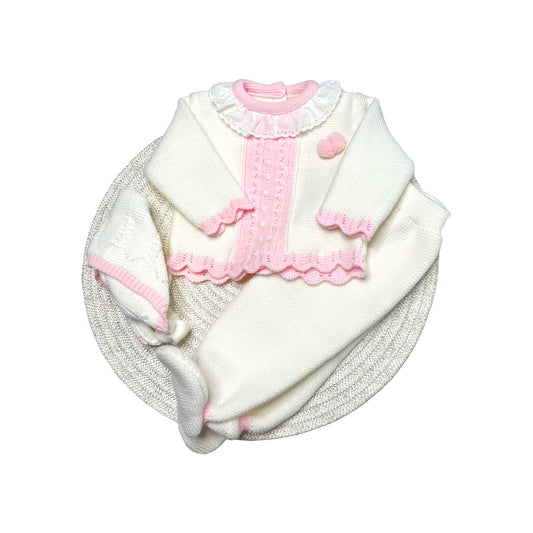 White & Pink Knitted Set Ruffle Neck