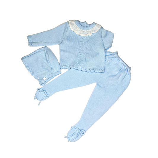 Blue Knitted Set with Ruffle Collar