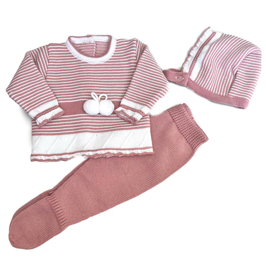 Mauve Pink & White Stripes Knitted Set