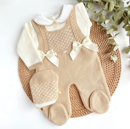 Beige & Hazelnut Knitted Set with Satin Bows