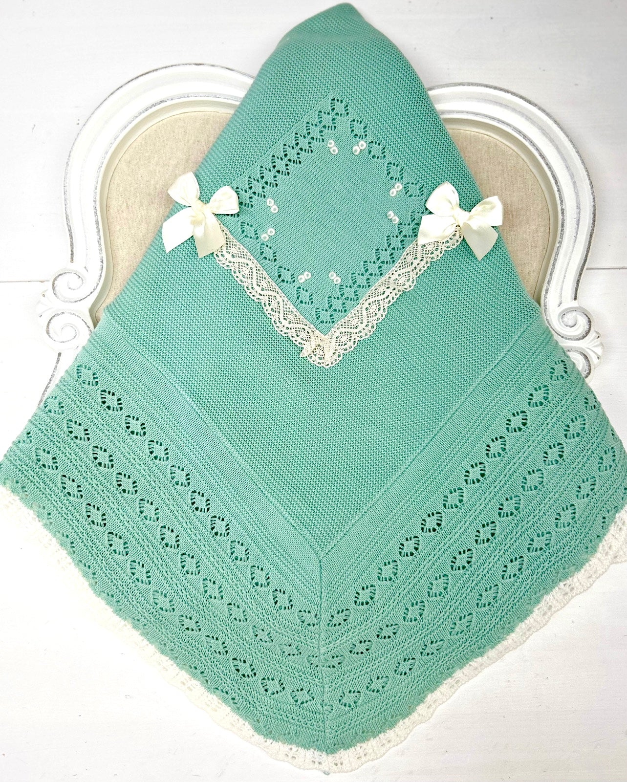 Milan Green Knitted Blanket with Satin Bows