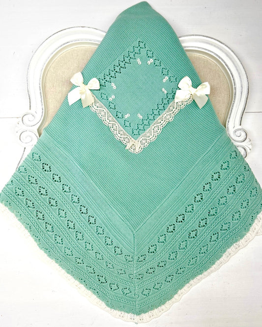 Milan Green Knitted Blanket with Satin Bows