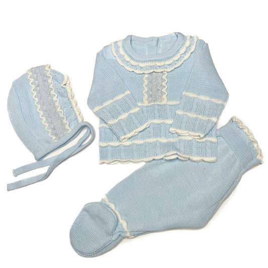 Blue Knitted Set with Lace Details