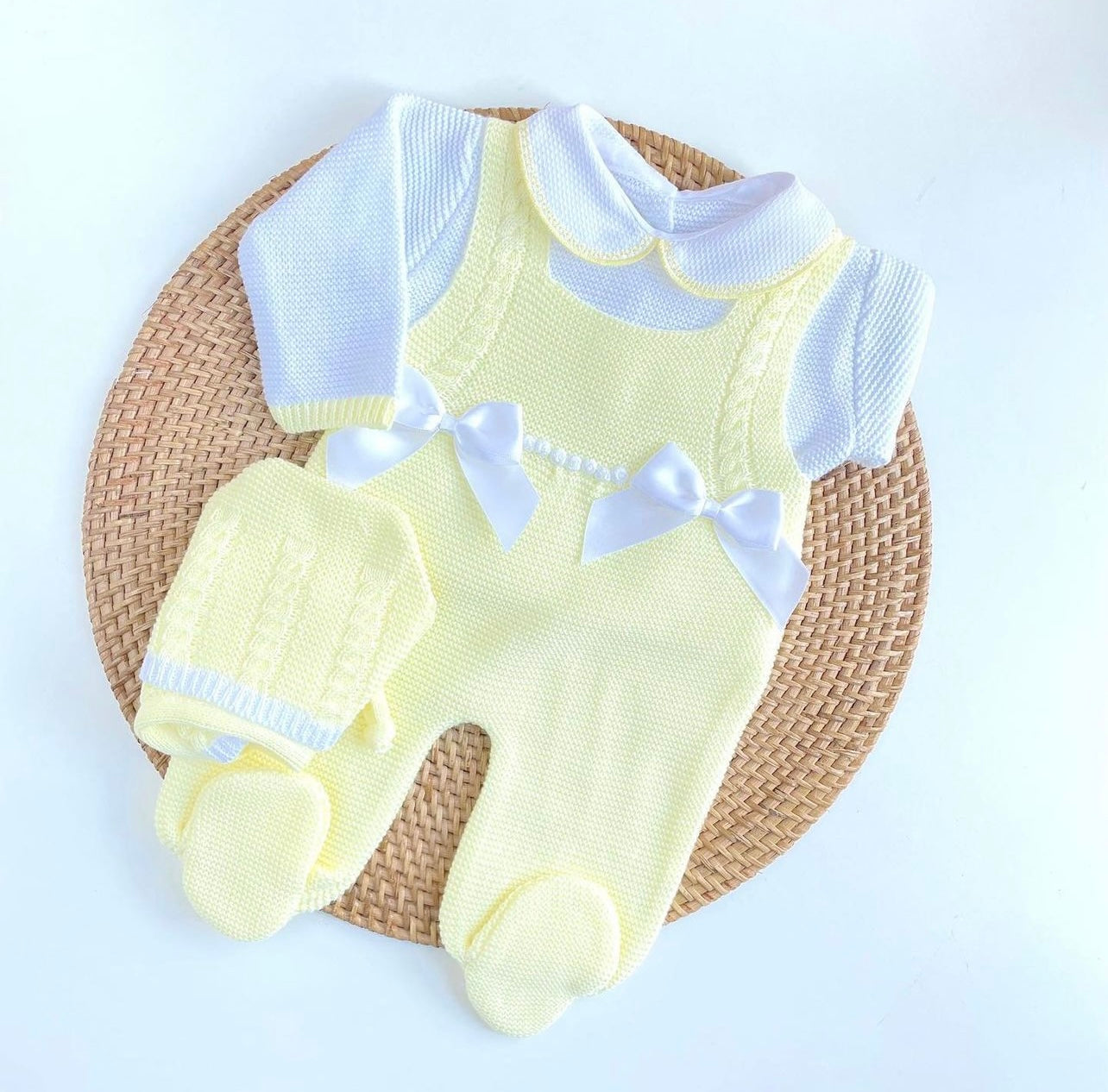 Yellow & White Knitted Romper White Satin Bows